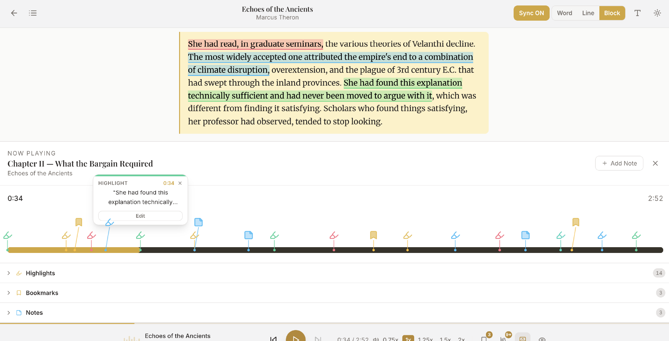 The Readibly reading experience — synchronized text and audio with saved highlights on a timeline